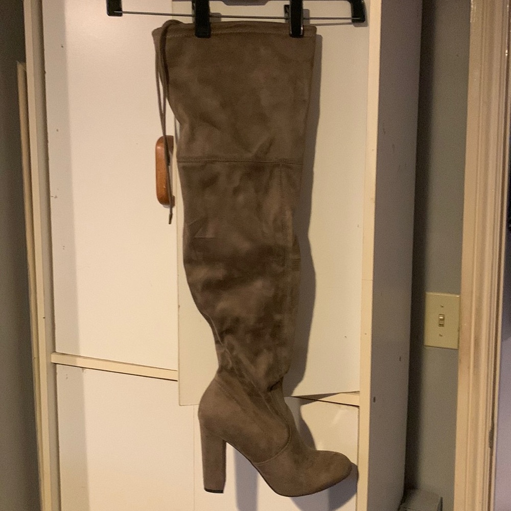 Grey “suede” over the knee heel boot